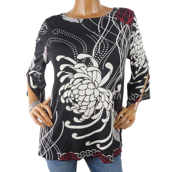 CHICO'S Top M Sz 1 Black/Red/Tan Blouse Stretch 3/4 Split Sleeves Casual Party - Picture 2 of 11